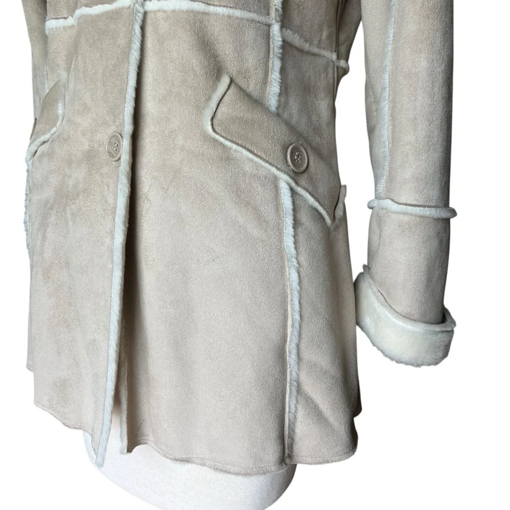 VINTAGE 90s Cream Faux Suede & Fur Hooded Coat Size Large - Picture 3 of 15